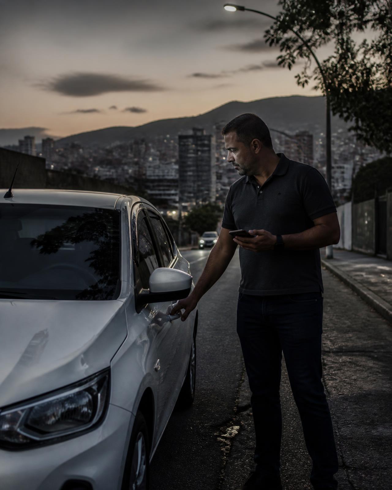 Motorista de aplicativo abrindo a porta do carro em uma rua de Belo Horizonte ao anoitecer